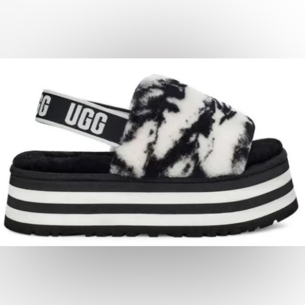 Women’s UGG Disco Marble Black and White Fluffy Platform Slides Size 9